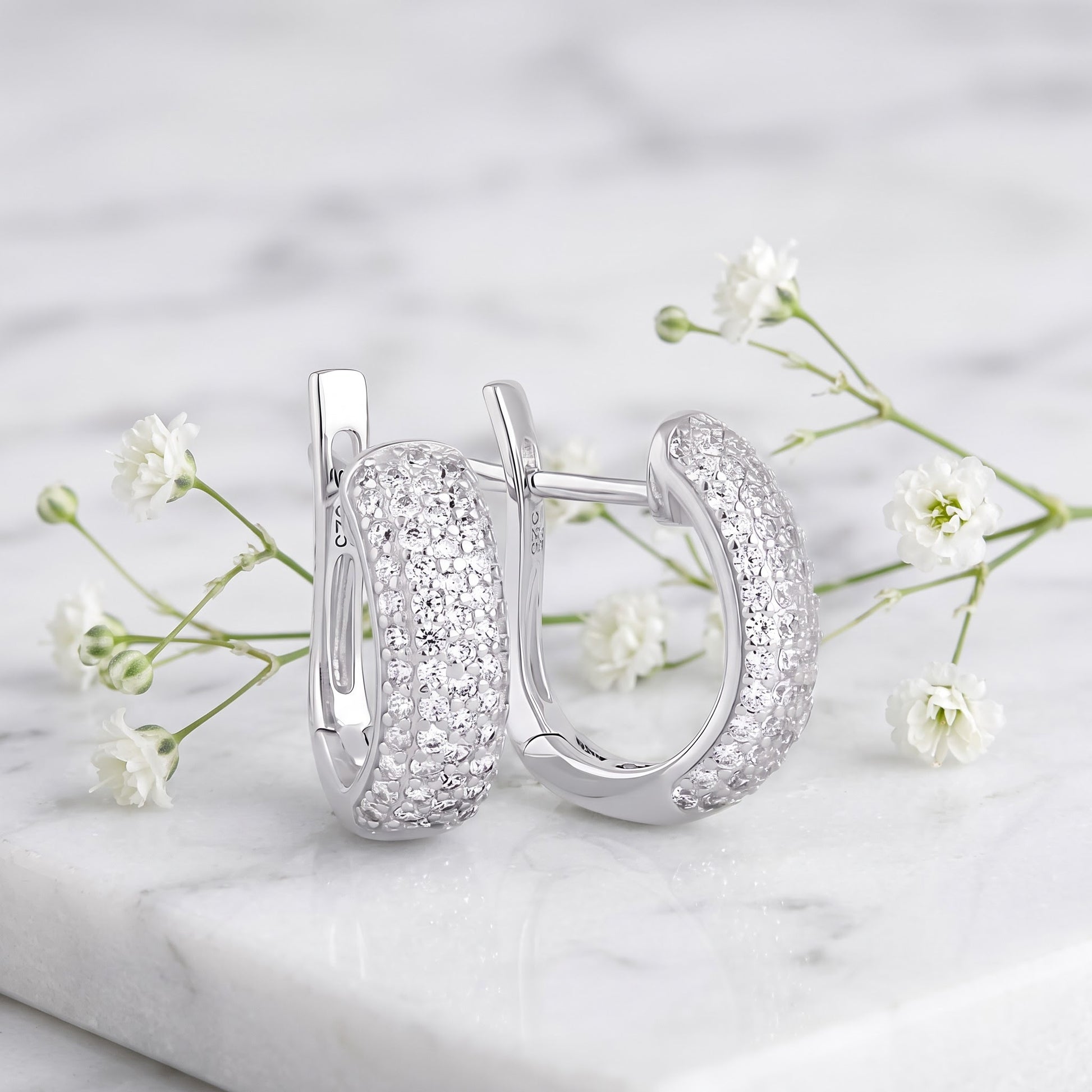 Sterling Silver Clear CZ Pave Hoop Earrings for Women with CZ, Sterling Hoops, Dainty Everyday Jewelry Gift view 1