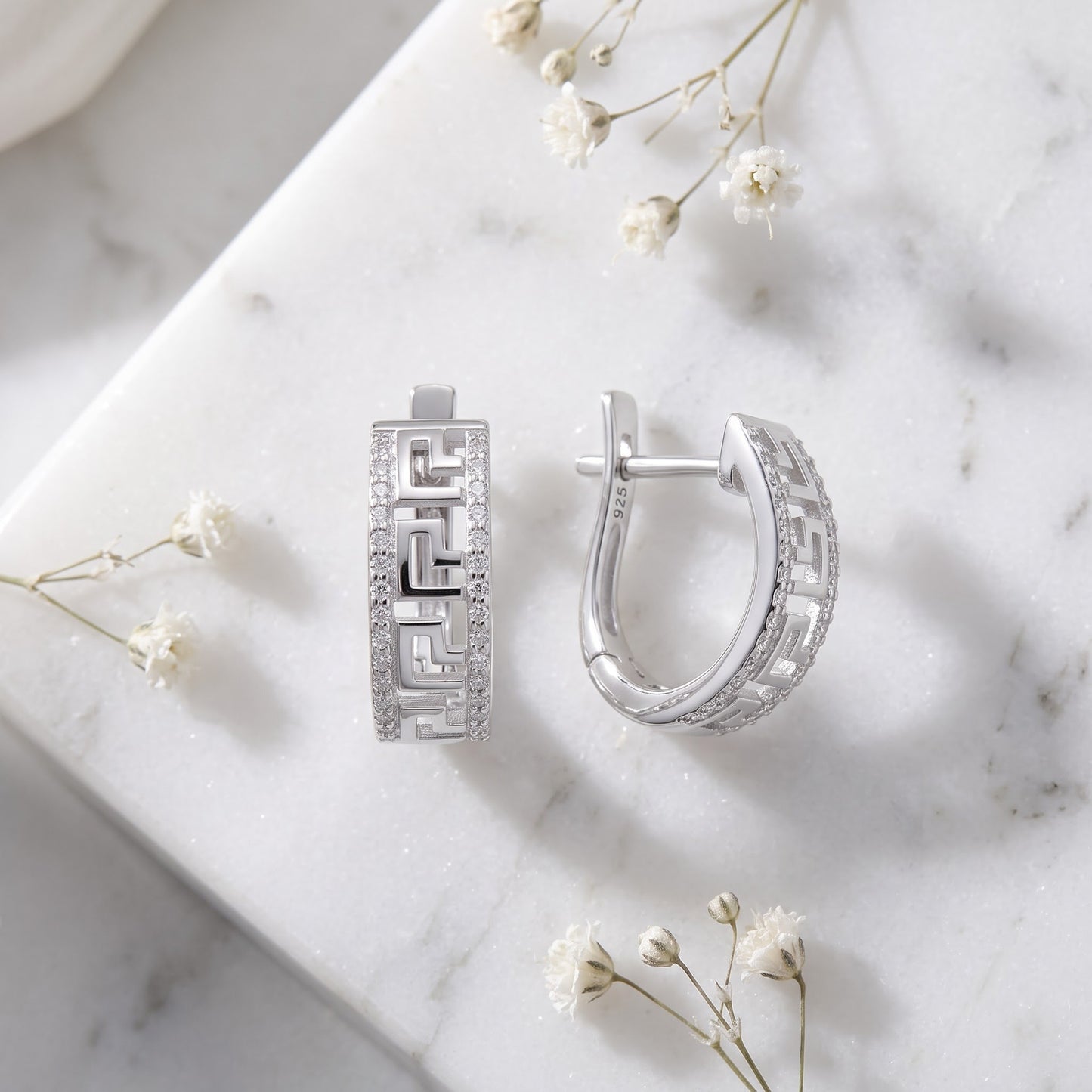 Sterling Silver Clear CZ Greek Hoop Earrings for Women with CZ, Sterling Hoops, Dainty Everyday Jewelry Gift view 1