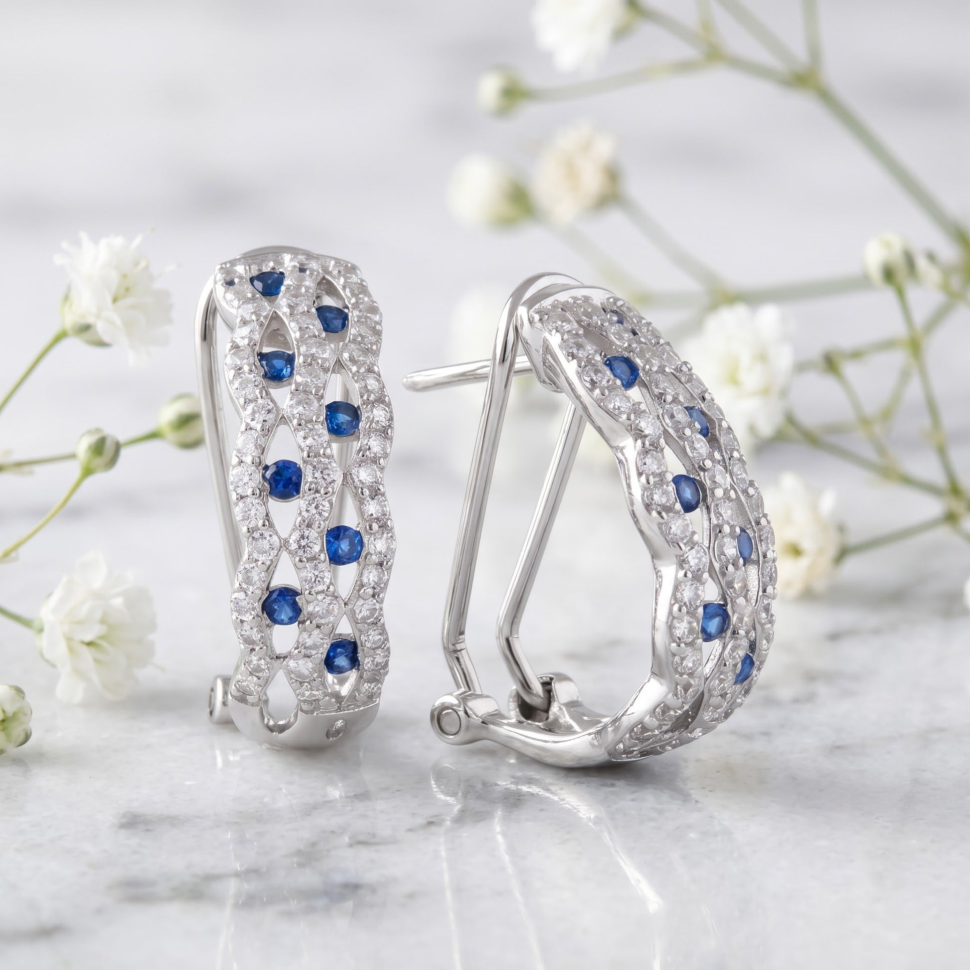 Sterling Silver Elegant Marquise Semi Hoops Round Cut Clear and Sapphire CZ Earrings Hoop Earrings for Women with CZ, Sterling Hoops, Dainty Everyday Jewelry Gift view 1