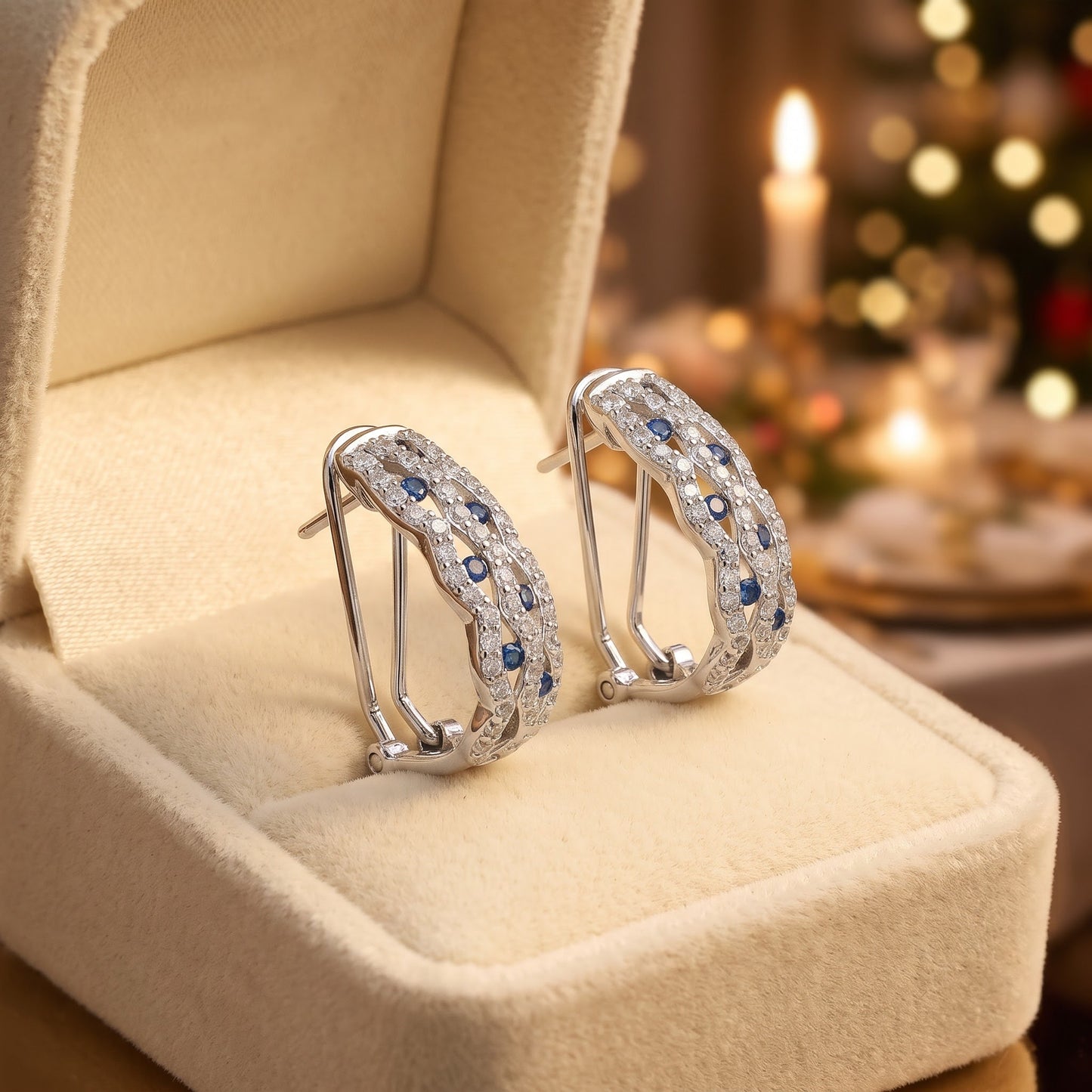 Sterling Silver Elegant Marquise Semi Hoops Round Cut Clear and Sapphire CZ Earrings Hoop Earrings for Women with CZ, Sterling Hoops, Dainty Everyday Jewelry Gift view 2