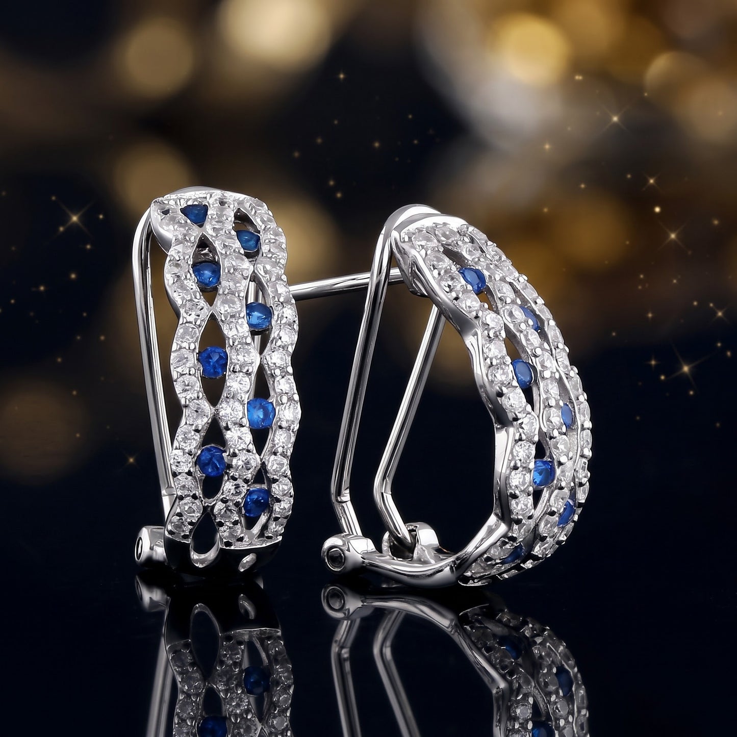 Sterling Silver Elegant Marquise Semi Hoops Round Cut Clear and Sapphire CZ Earrings Hoop Earrings for Women with CZ, Sterling Hoops, Dainty Everyday Jewelry Gift view 3