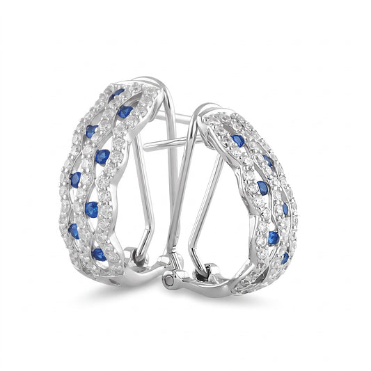Sterling Silver Elegant Marquise Semi Hoops Round Cut Clear and Sapphire CZ Earrings Hoop Earrings for Women with CZ, Sterling Hoops, Dainty Everyday Jewelry Gift