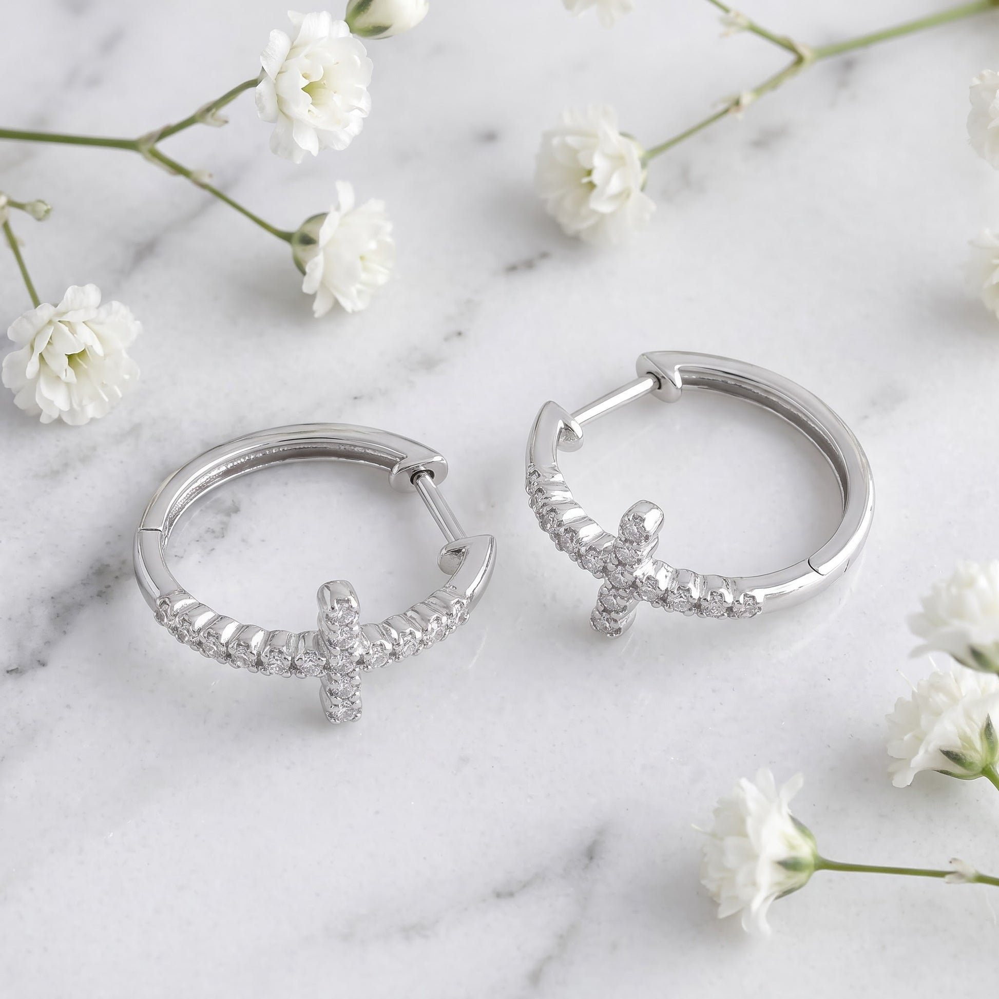 Sterling Silver Bubbly Cross Hoops Round Cut Clear CZ Earrings Hoop Earrings for Women with CZ, Sterling Hoops, Dainty Everyday Jewelry Gift view 1