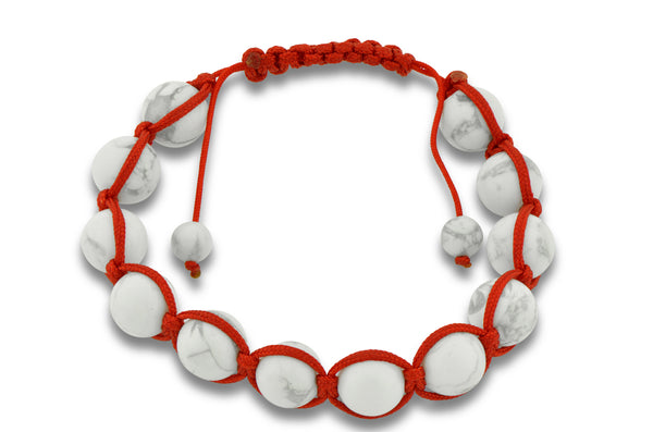 White Streak Howlite Tibetan Shamballa Bead Bracelet with Red String - Adjustable 7-8 Inches