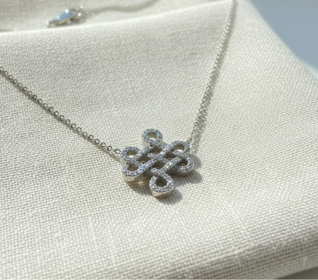 Sterling Silver Sterling Silver Simulated Diamond Love Knot Necklace, 18" |
