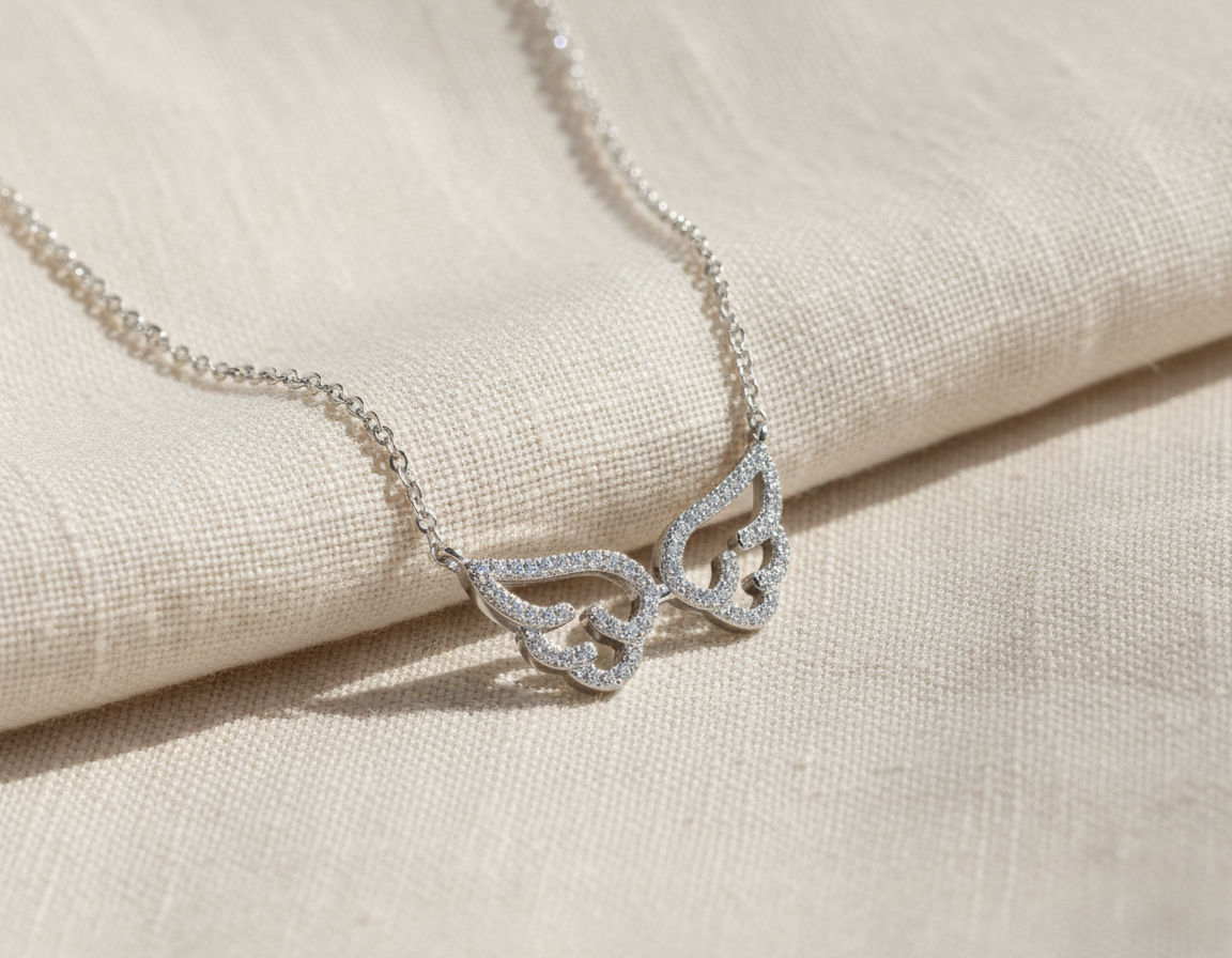 Sterling Silver Sterling Silver Simulated Diamond Angel Wings Necklace, 18" | — detail view