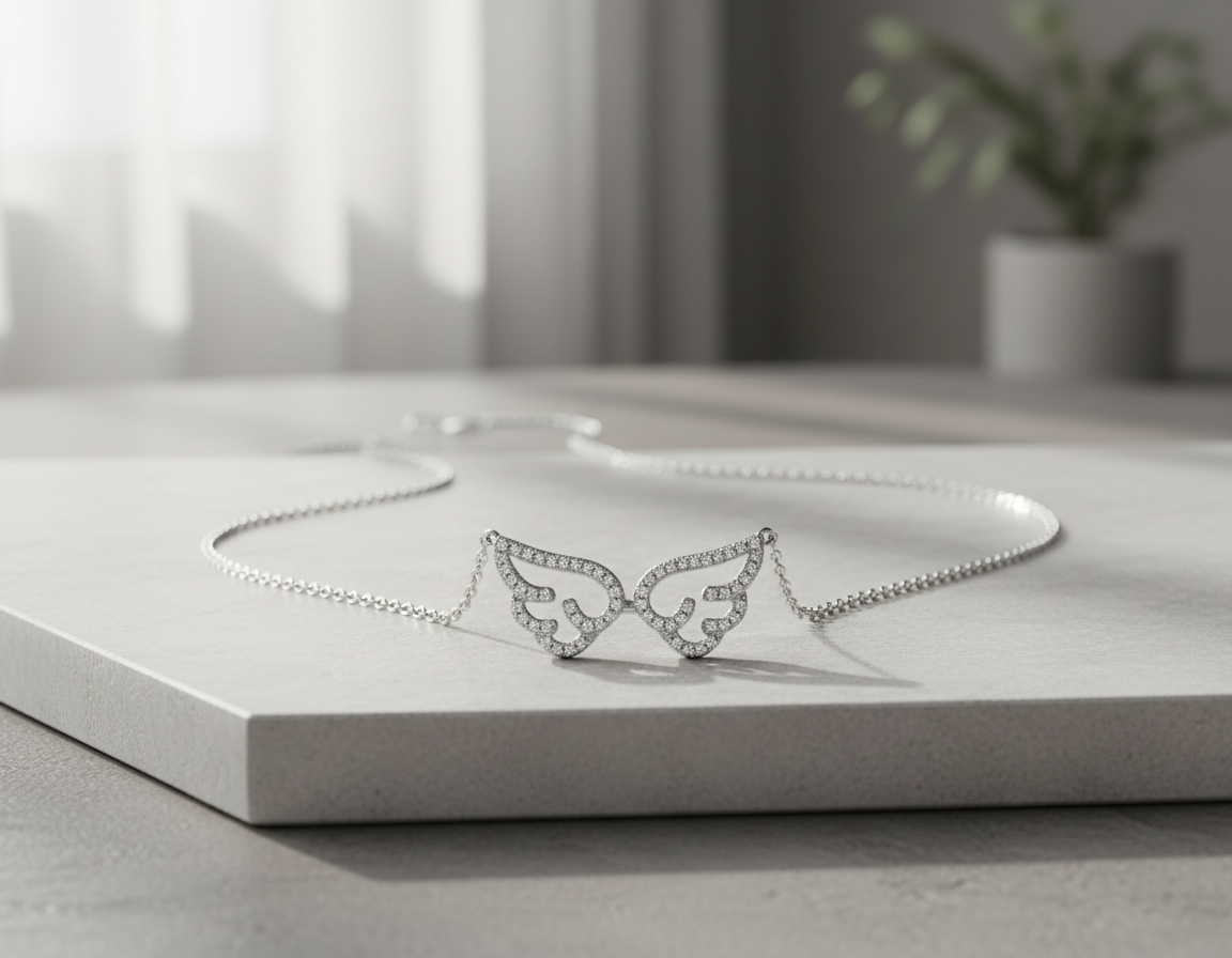 Sterling Silver Sterling Silver Simulated Diamond Angel Wings Necklace, 18" | — view 5