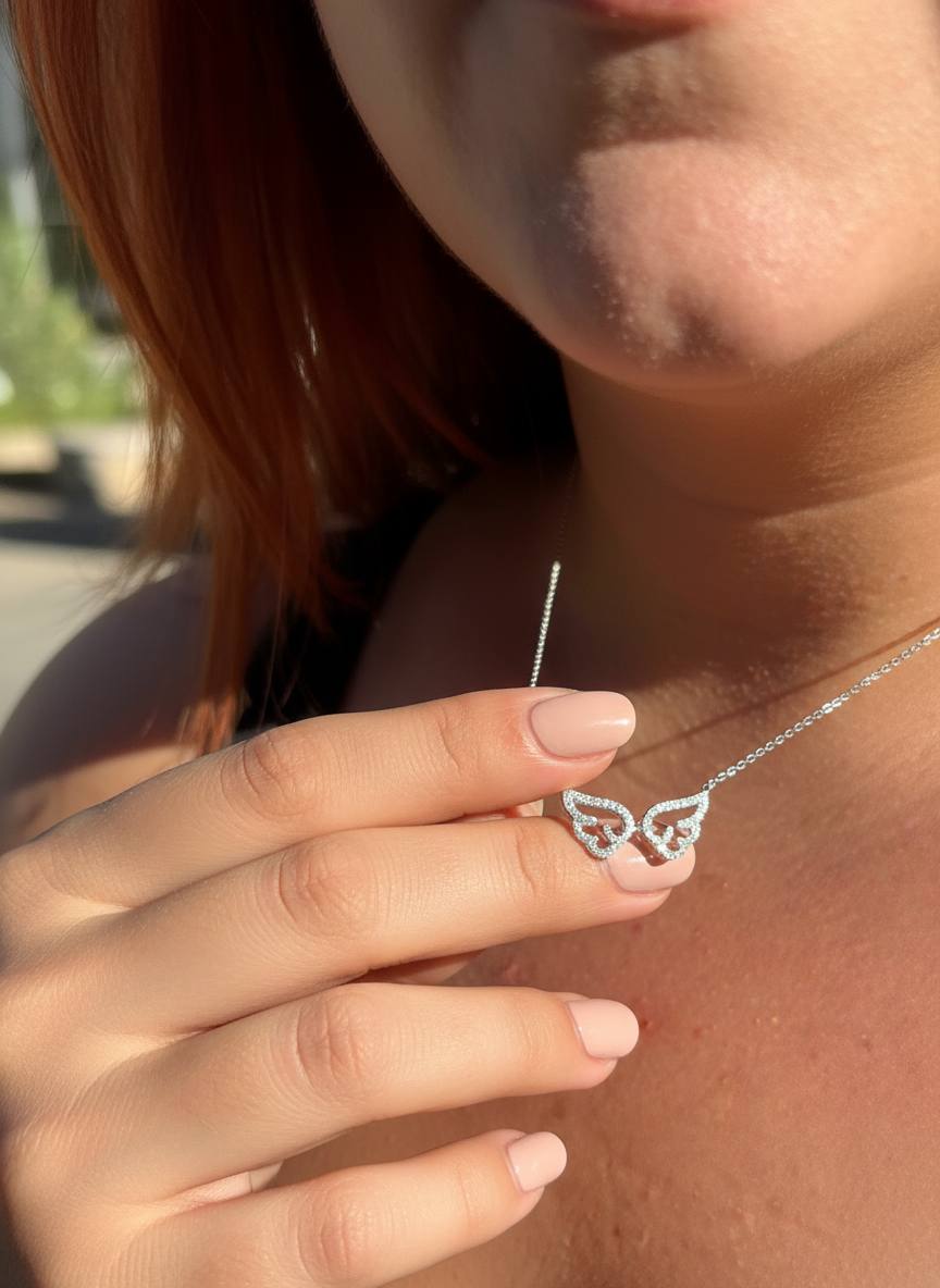 Sterling Silver Sterling Silver Simulated Diamond Angel Wings Necklace, 18" | — scale reference