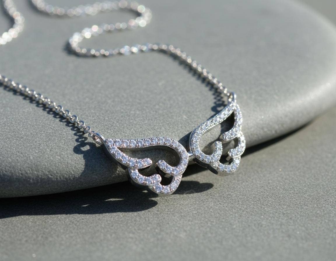 Sterling Silver Sterling Silver Simulated Diamond Angel Wings Necklace, 18" | — view 7