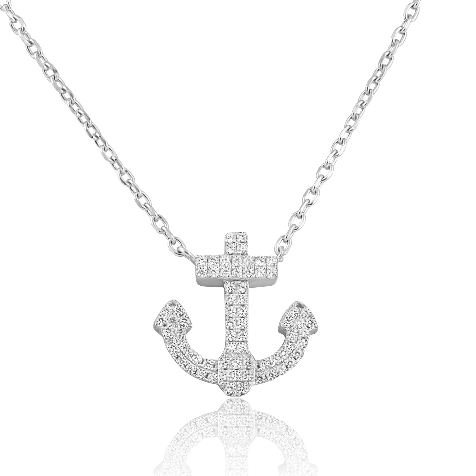 Sterling Silver Simulated Diamond Anchor Necklace 18"