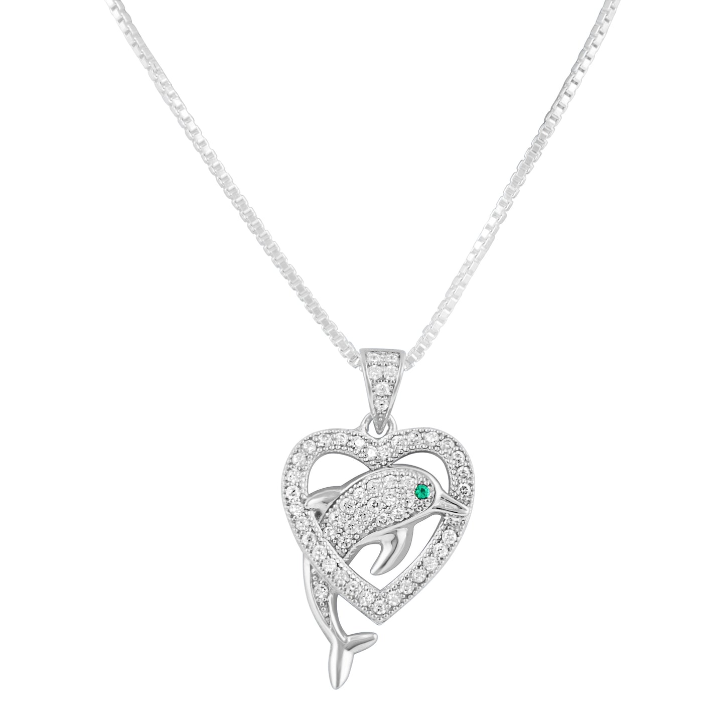 Sterling Silver Simulated Diamond Dolphin Heart Necklace, 18" | SilverCloseOut