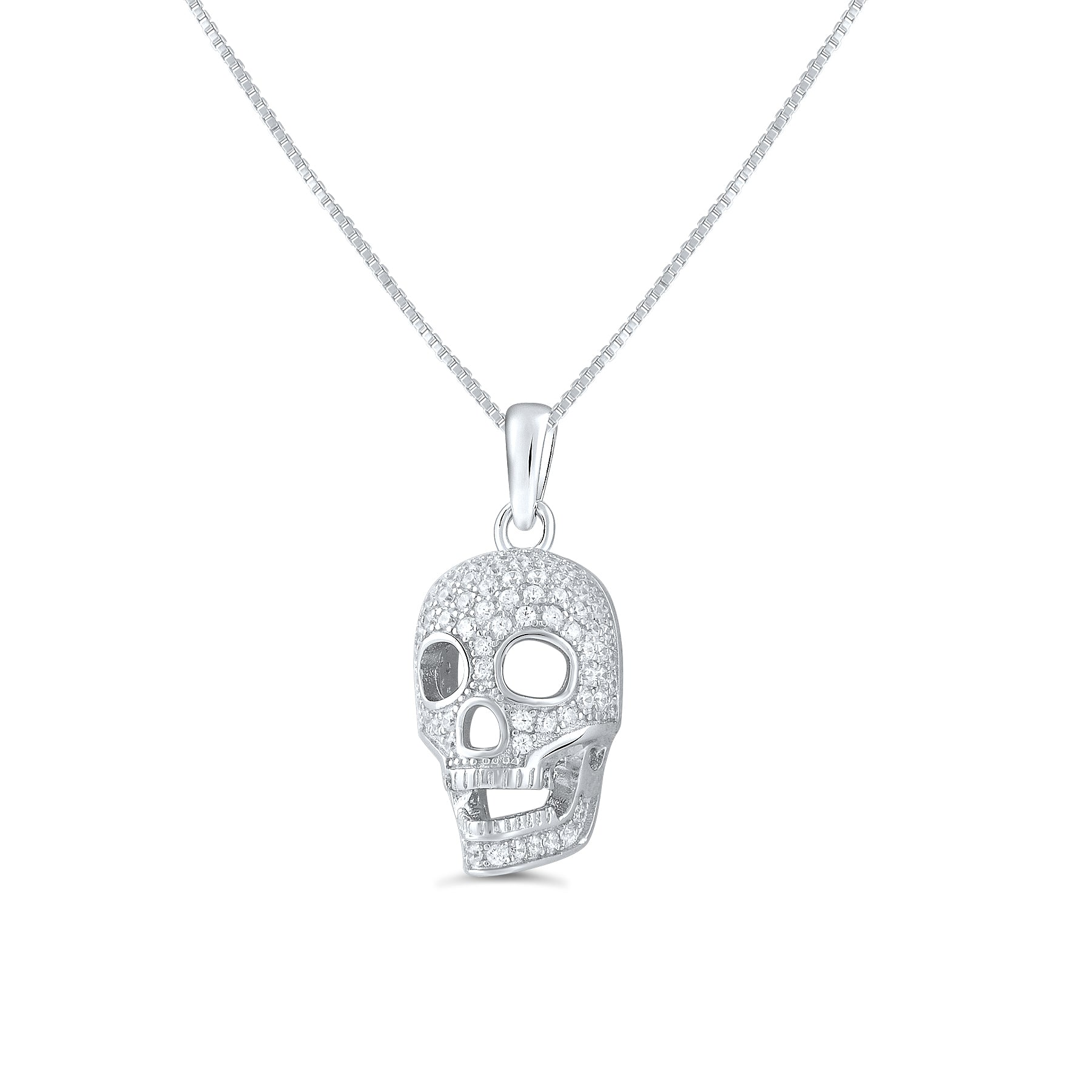 Sterling Silver CZ Skull Charm Necklace 18"