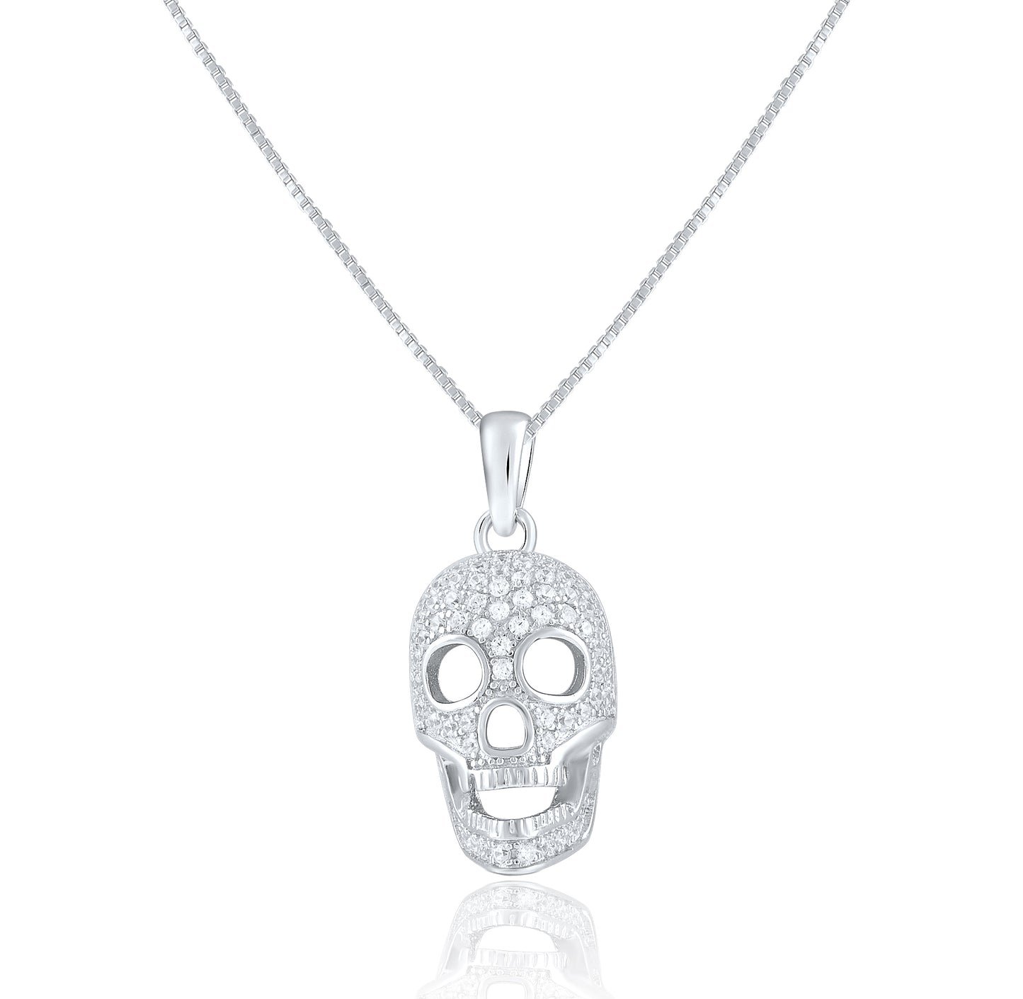 Sterling Silver CZ Skull Charm Necklace 18"