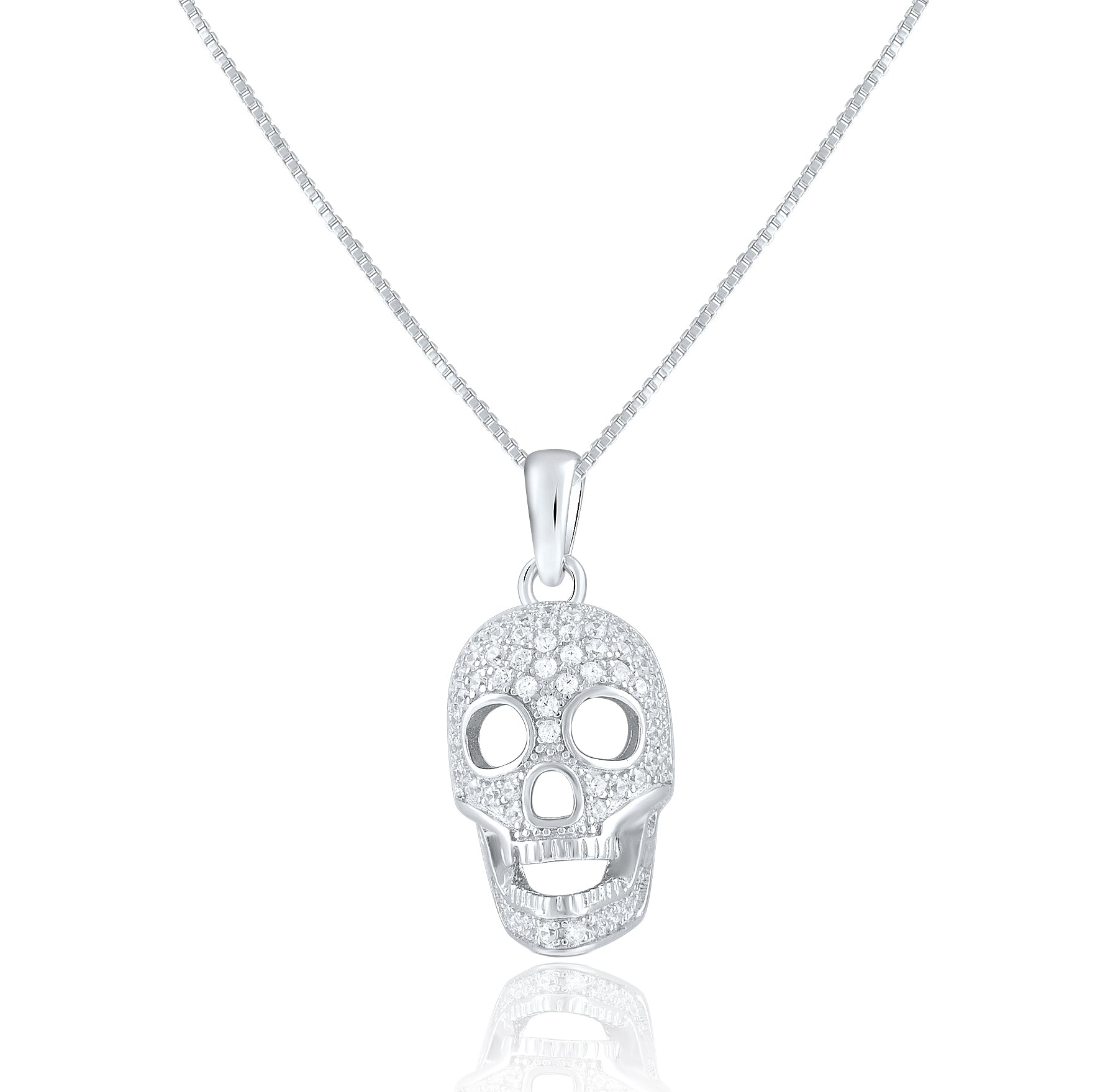 Sterling Silver CZ Skull Charm Necklace 18"