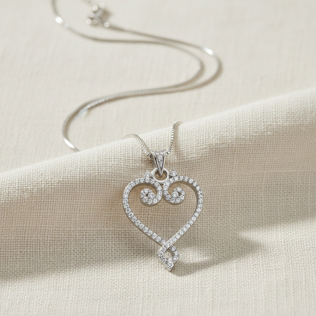 Sterling Silver CZ filigree Heart Necklace, 18" | SilverCloseOut
