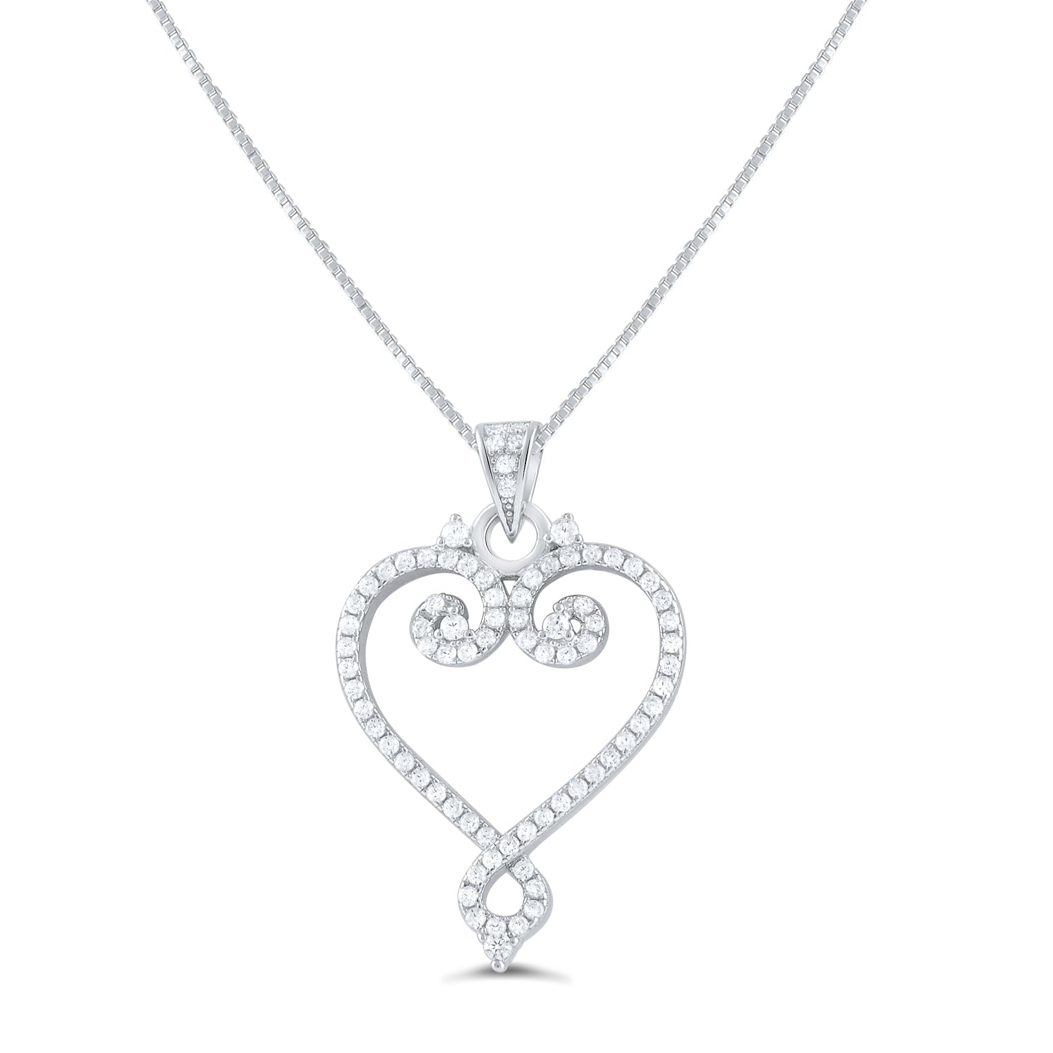 Sterling Silver CZ filigree Heart Necklace, 18" | SilverCloseOut