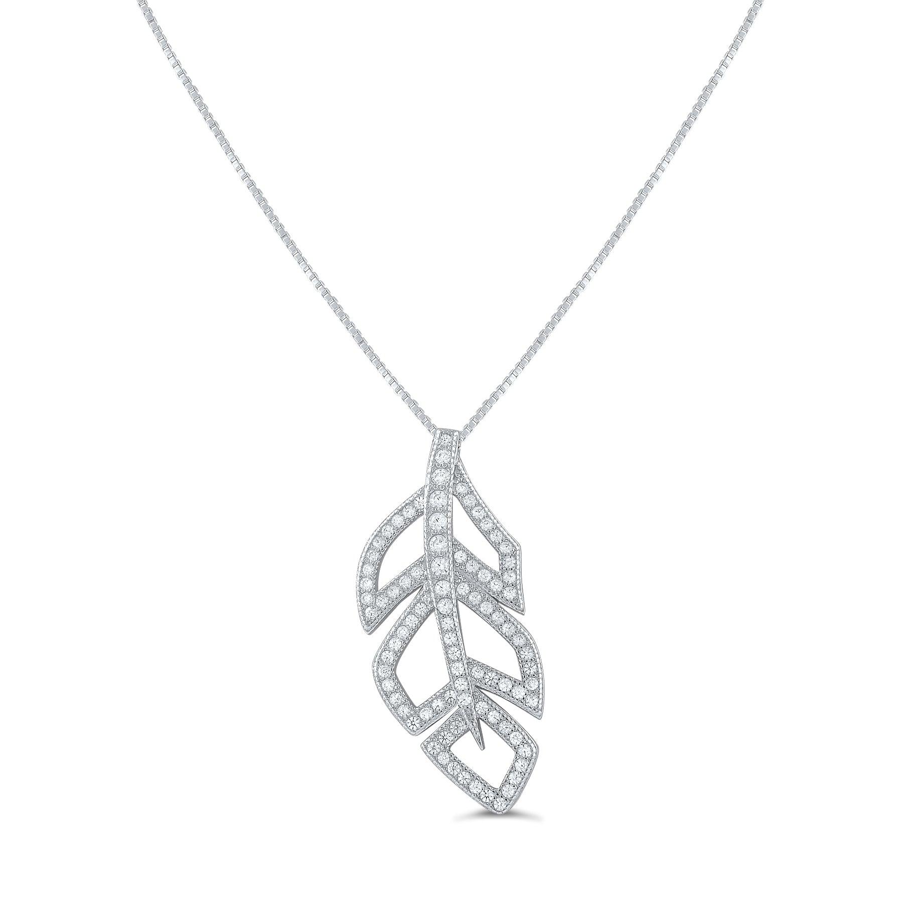Sterling Silver CZ Feather Necklace, 18" | SilverCloseOut