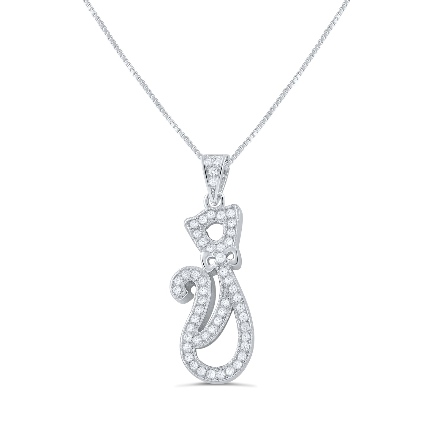 Sterling Silver CZ Cat Silhouette Necklace, 18" | SilverCloseOut