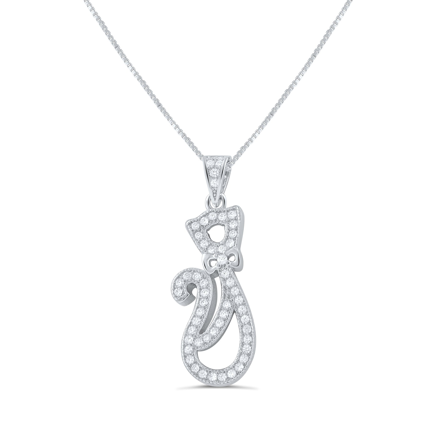 Sterling Silver CZ Cat Silhouette Necklace, 18" | SilverCloseOut