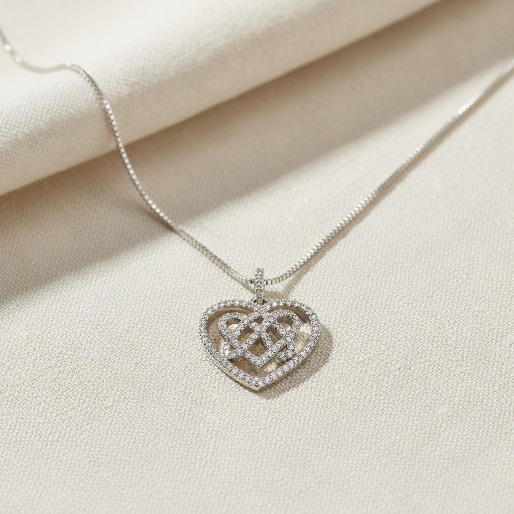 Sterling Silver CZ Celtic Knot Heart Necklace, 18" | SilverCloseOut