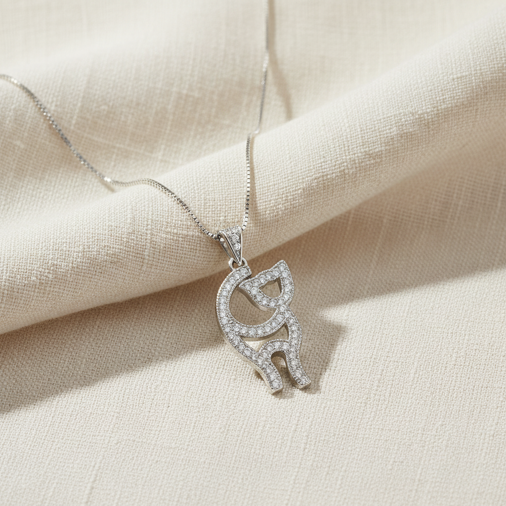 Sterling Silver CZ Kitty Cat Necklace, 18" | SilverCloseOut