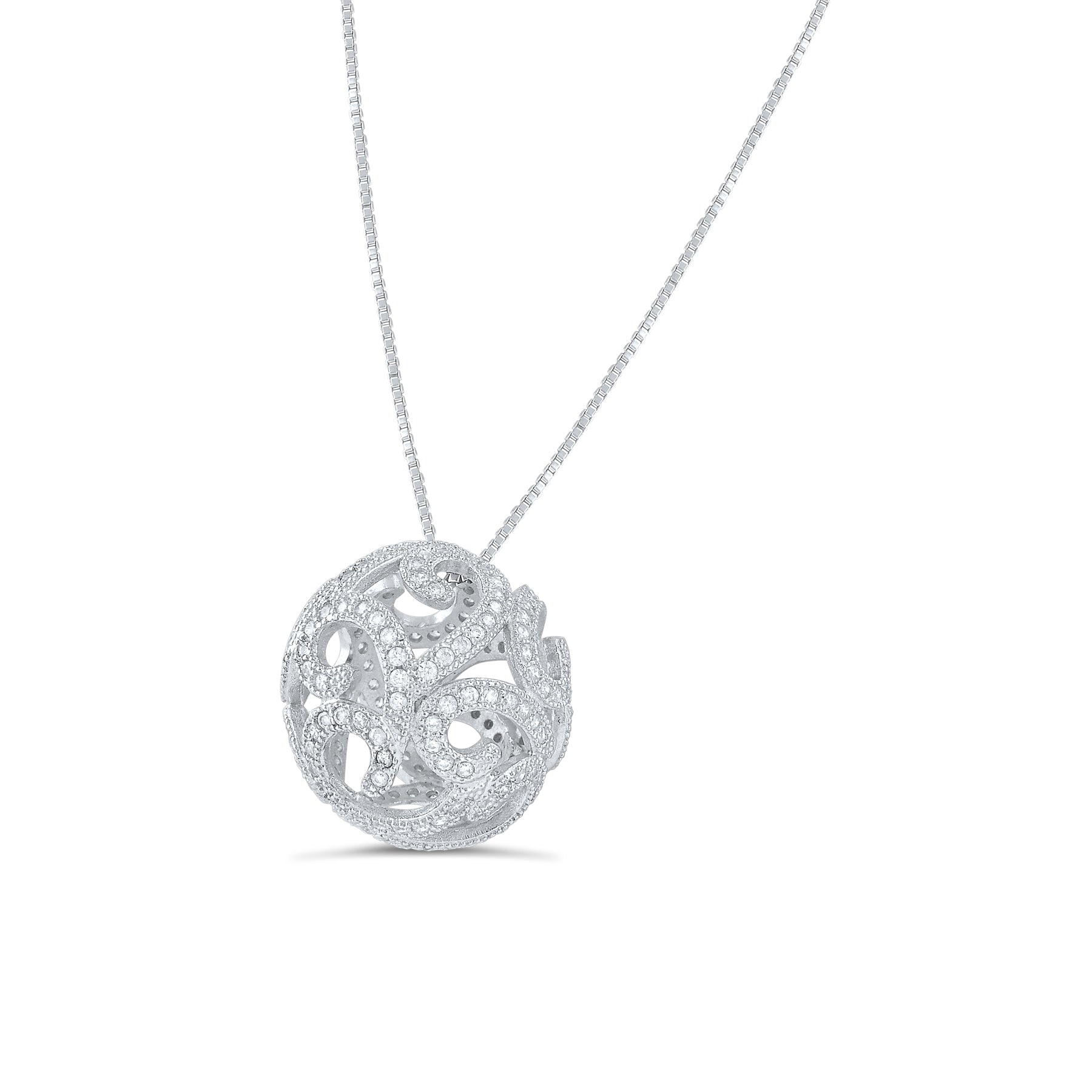 Sterling Silver CZ Filigree Ball Necklace 18"