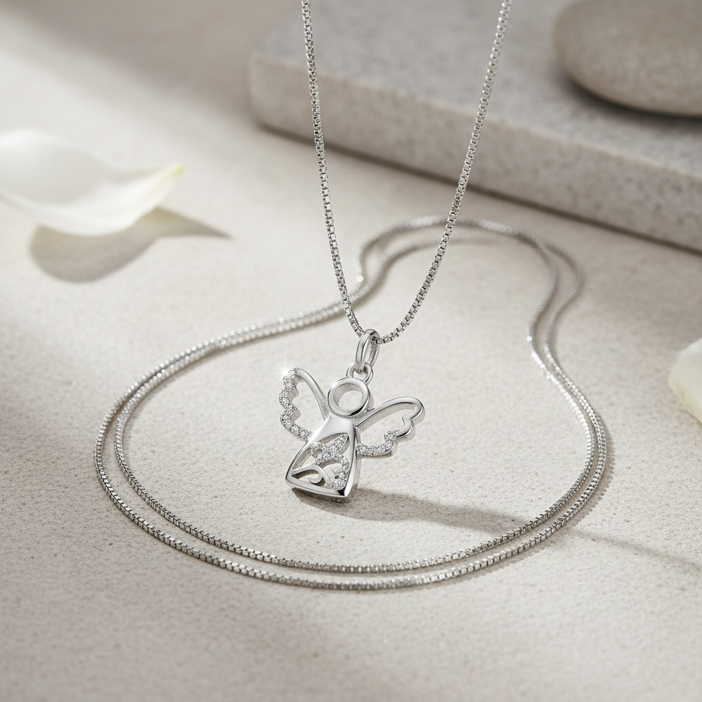 Sterling Silver CZ Angel Necklace, 18" | SilverCloseOut
