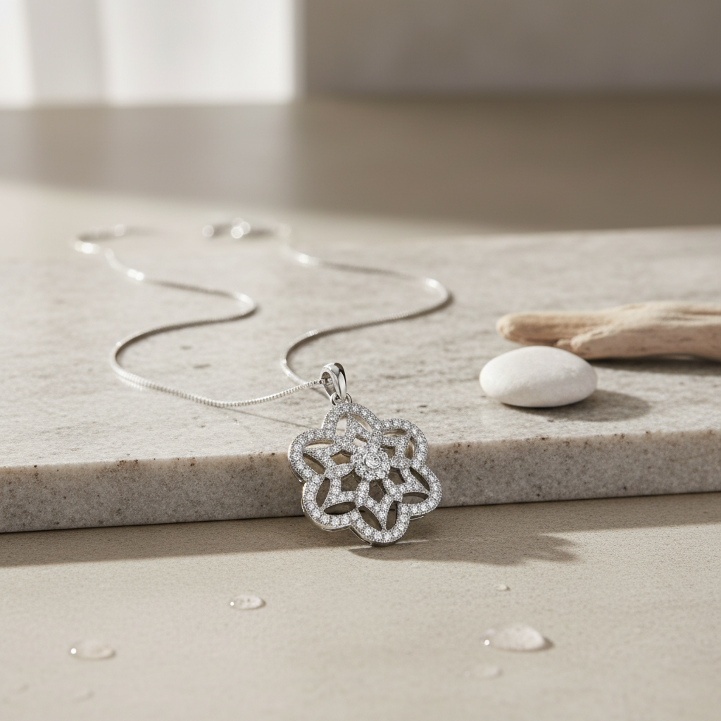Sterling Silver Sterling Silver CZ filigree Flower of Life Necklace, 18" | — view 6