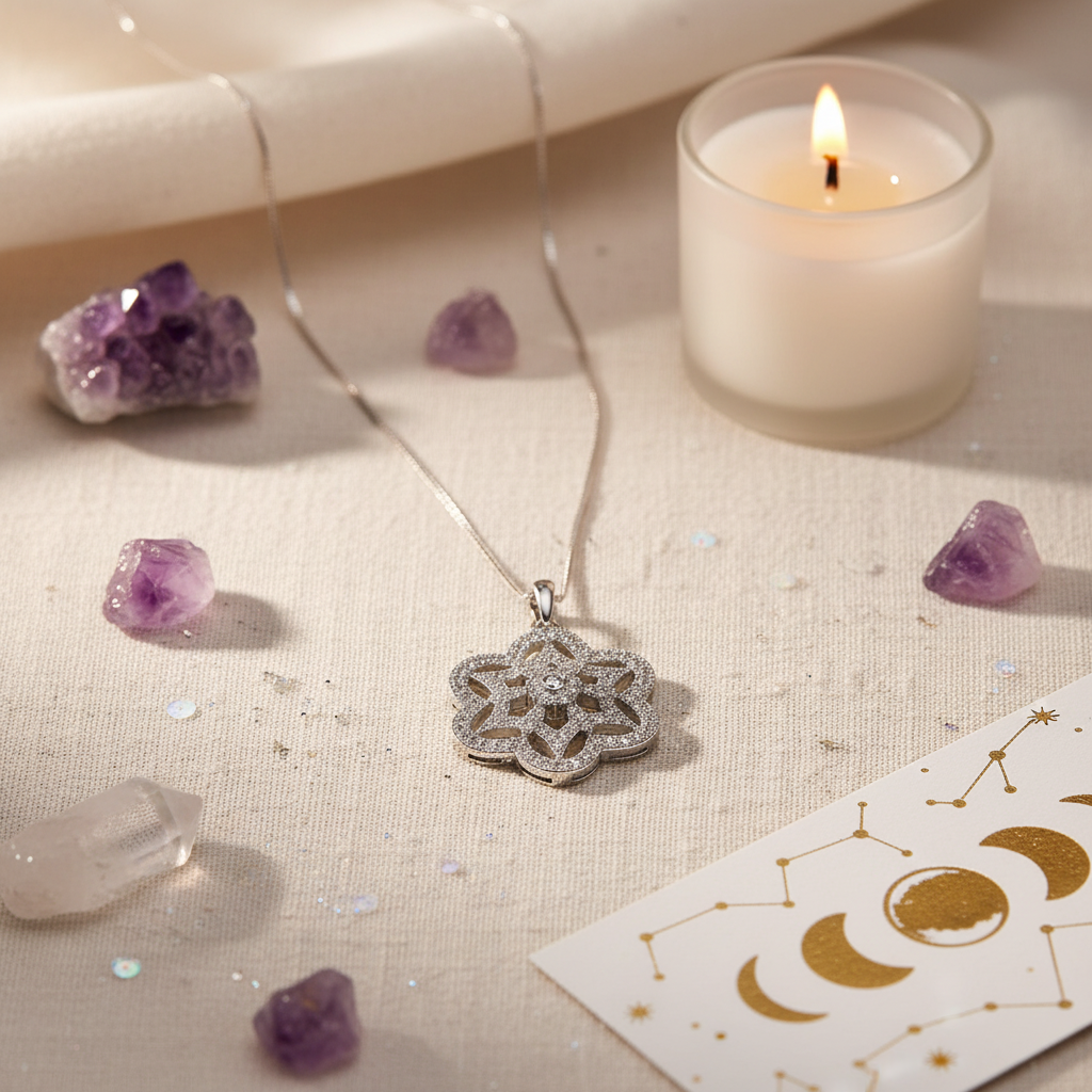 Sterling Silver Sterling Silver CZ filigree Flower of Life Necklace, 18" | — detail view