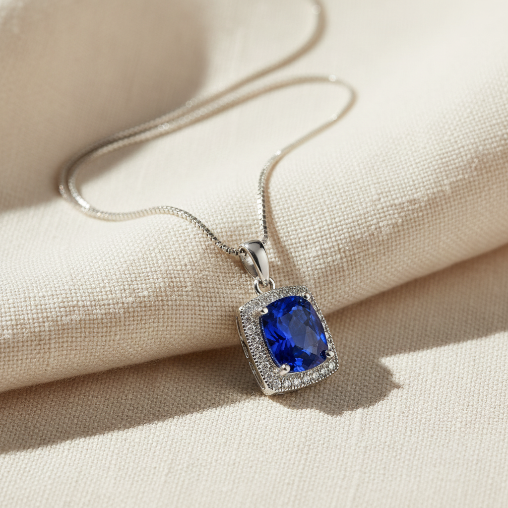 Sterling Silver Square Simulated Blue Sapphire Necklace, 18" | SilverCloseOut