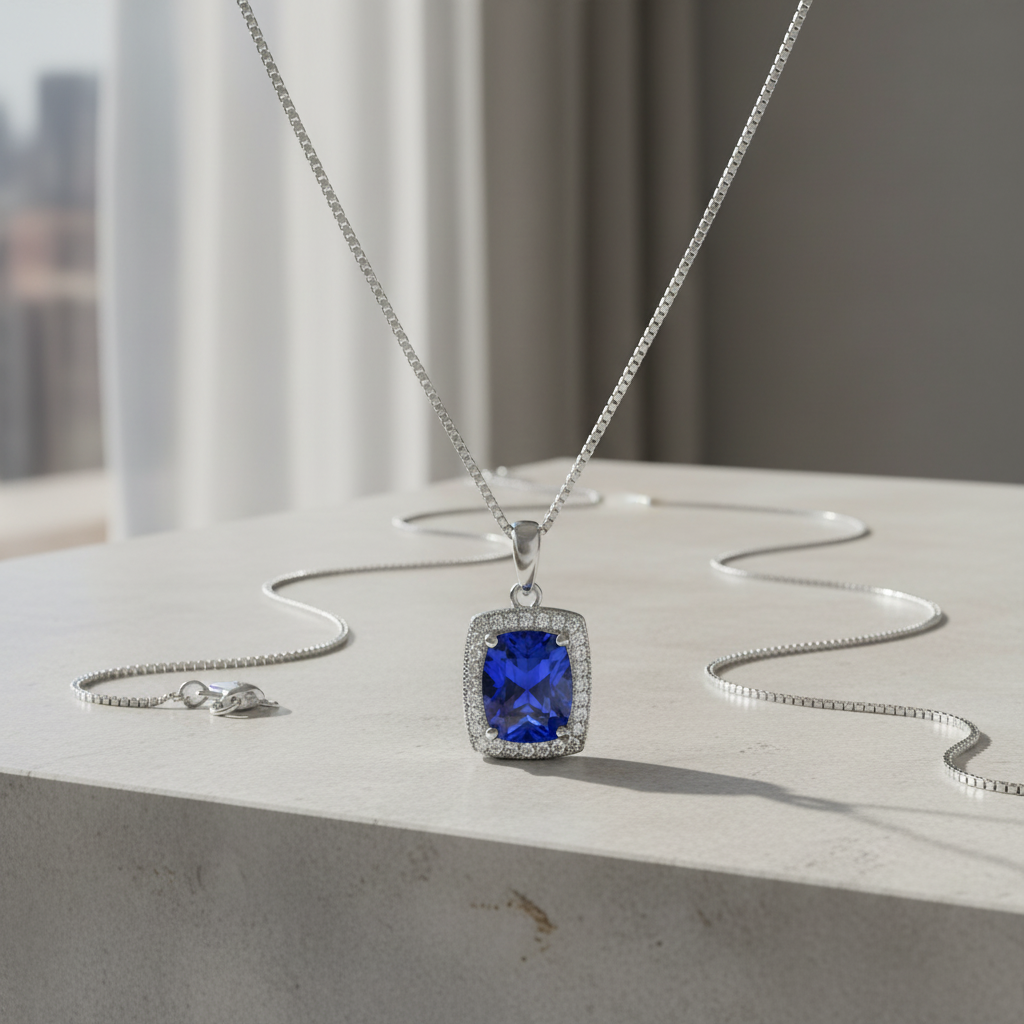 Sterling Silver Square Simulated Blue Sapphire Necklace, 18" | SilverCloseOut
