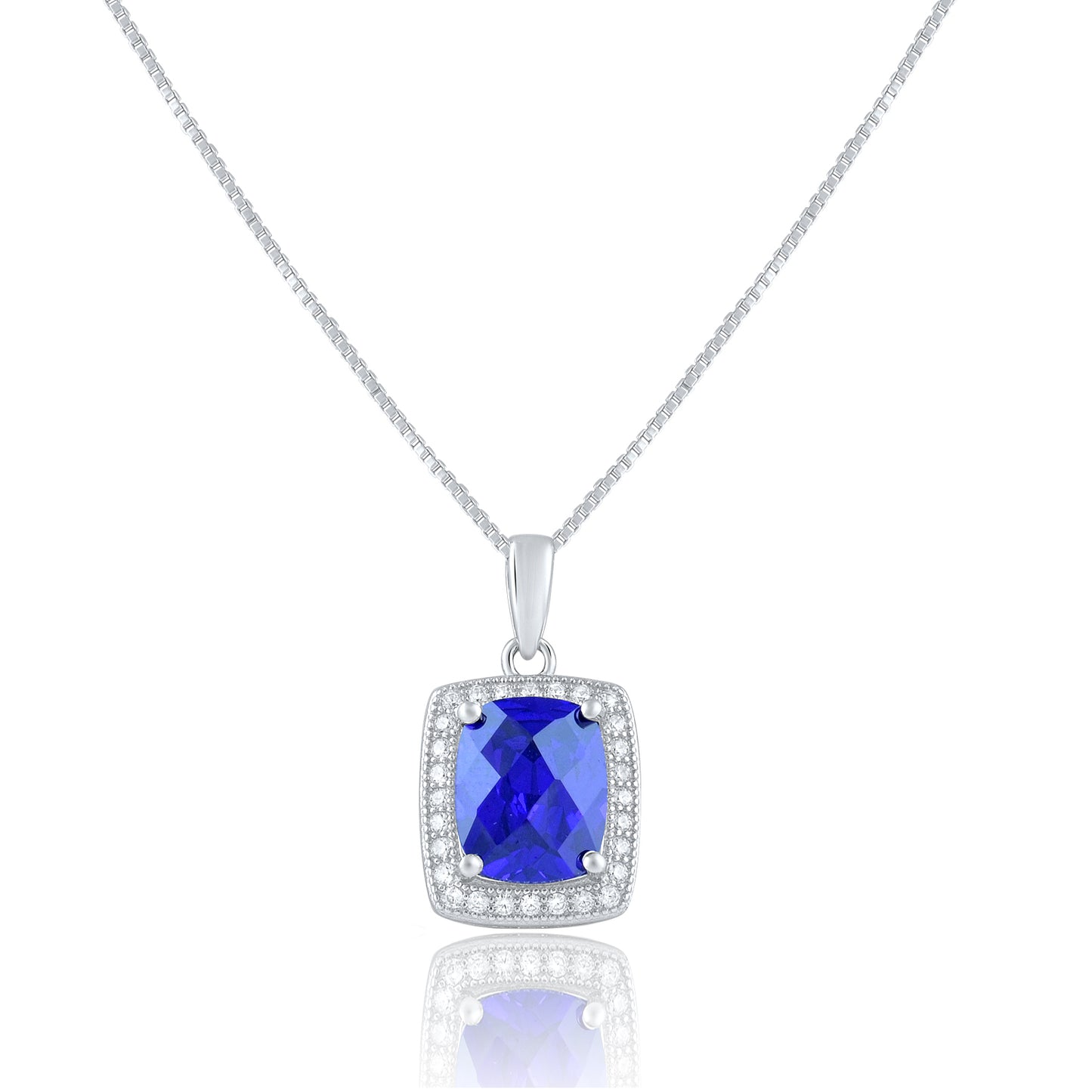 Sterling Silver Square Simulated Blue Sapphire Necklace, 18" | SilverCloseOut