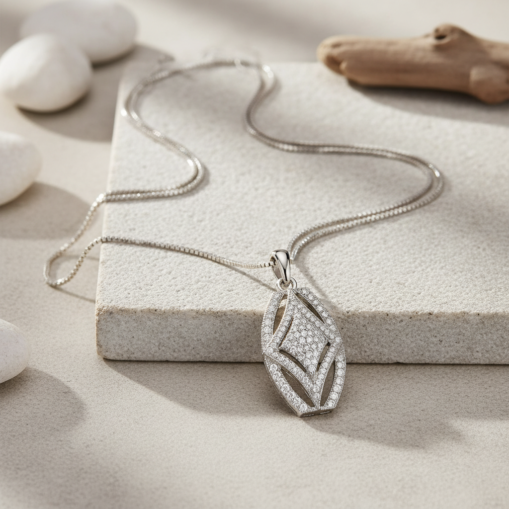 Sterling Silver CZ Rectangle Filigree Charm Necklace, 18" | SilverCloseOut