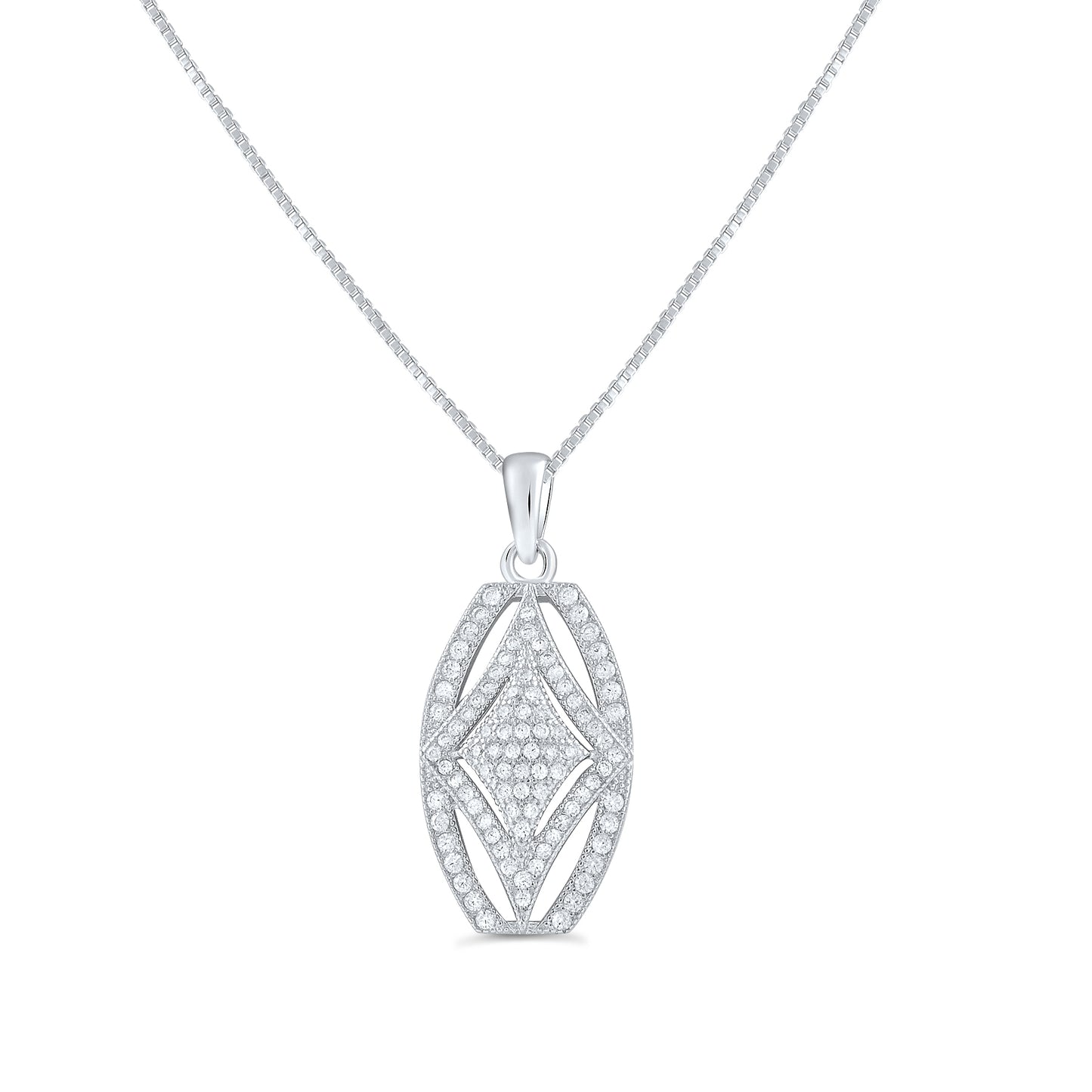 Sterling Silver CZ Rectangle Filigree Charm Necklace, 18" | SilverCloseOut