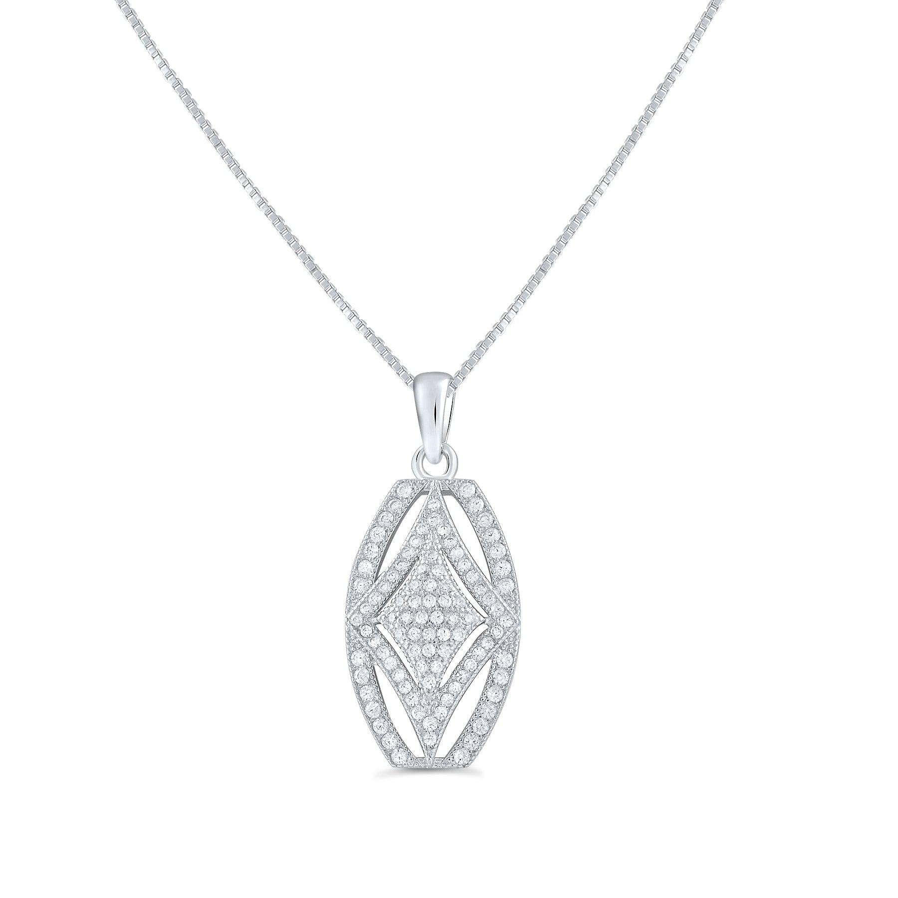 Sterling Silver CZ Rectangle Filigree Charm Necklace, 18" | SilverCloseOut