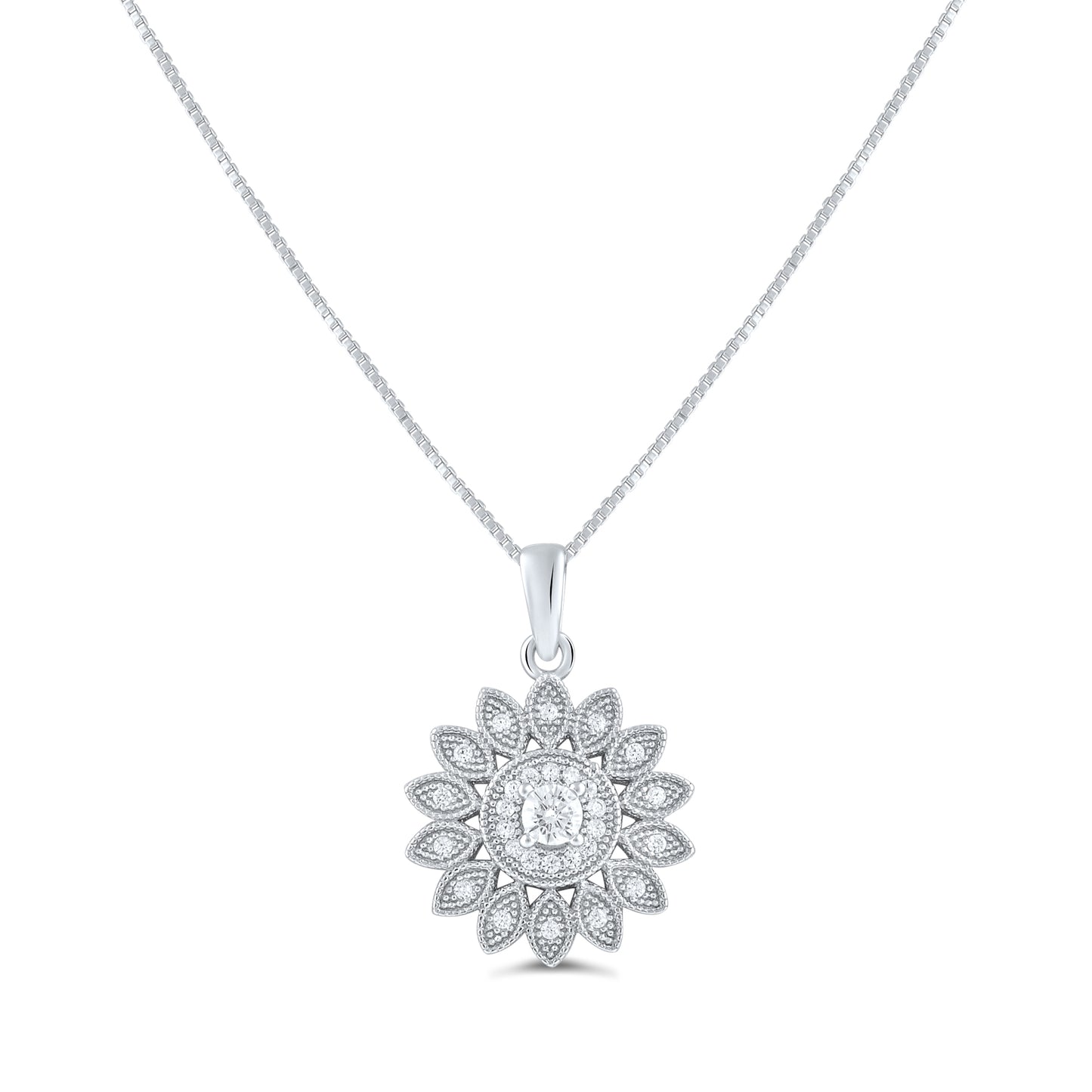 Sterling Silver CZ Sunflower Charm Necklace, 18" | SilverCloseOut