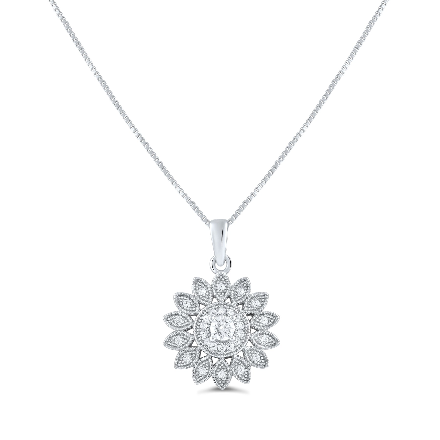 Sterling Silver CZ Sunflower Charm Necklace, 18" | SilverCloseOut