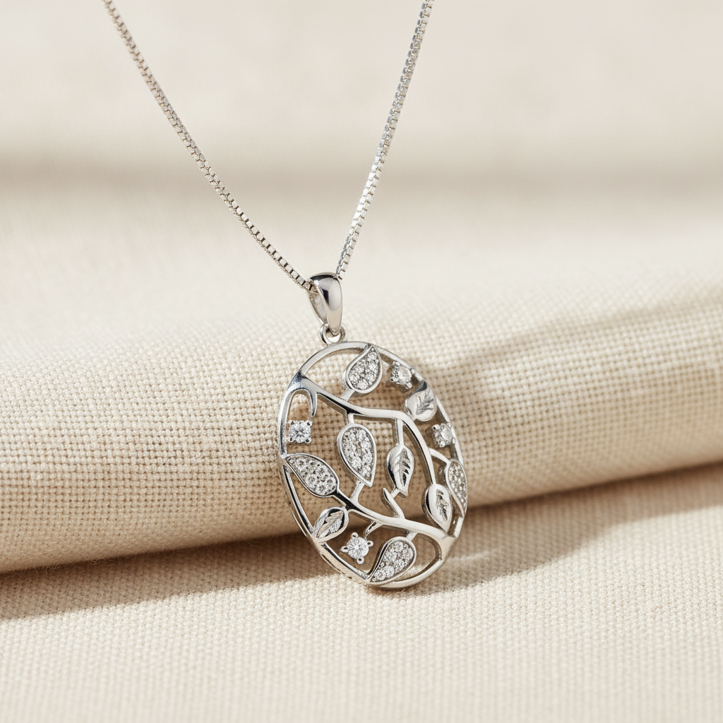 Rhodium-Plated Sterling Silver Women's CZ Filigree Ivy Vine Pendant Necklace