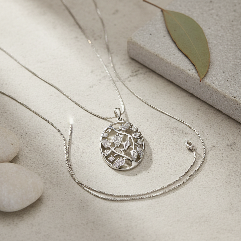 Rhodium-Plated Sterling Silver Women's CZ Filigree Ivy Vine Pendant Necklace