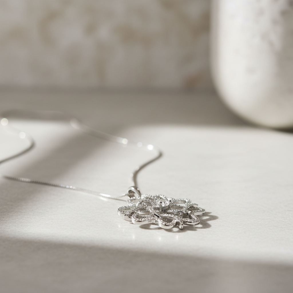 Sterling Silver CZ Filigree Rose Flower Necklace, 18" | SilverCloseOut