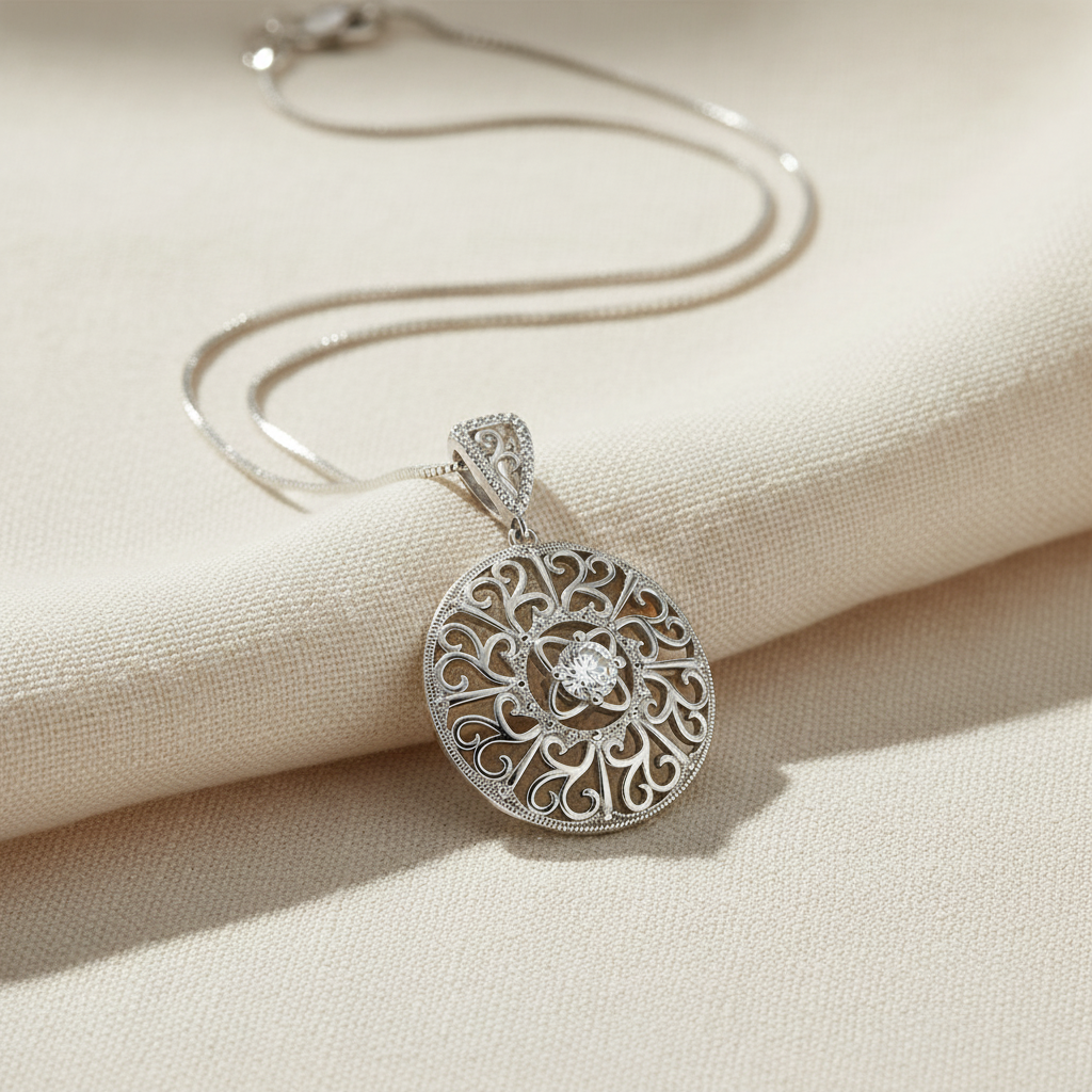 Sterling Silver CZ Round Filigree Statement Necklace, 18" | SilverCloseOut