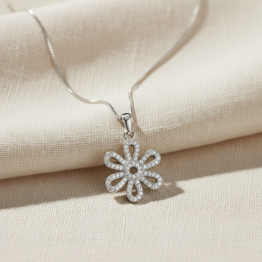 Sterling Silver CZ Daisy Flower Necklace 18"