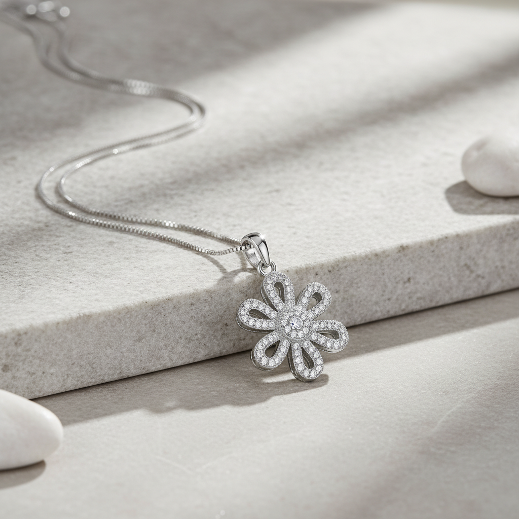 Sterling Silver CZ Daisy Flower Necklace 18"
