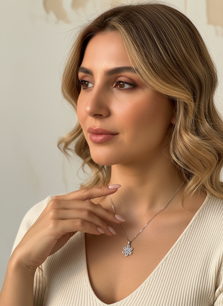 Sterling Silver CZ Daisy Flower Necklace 18"