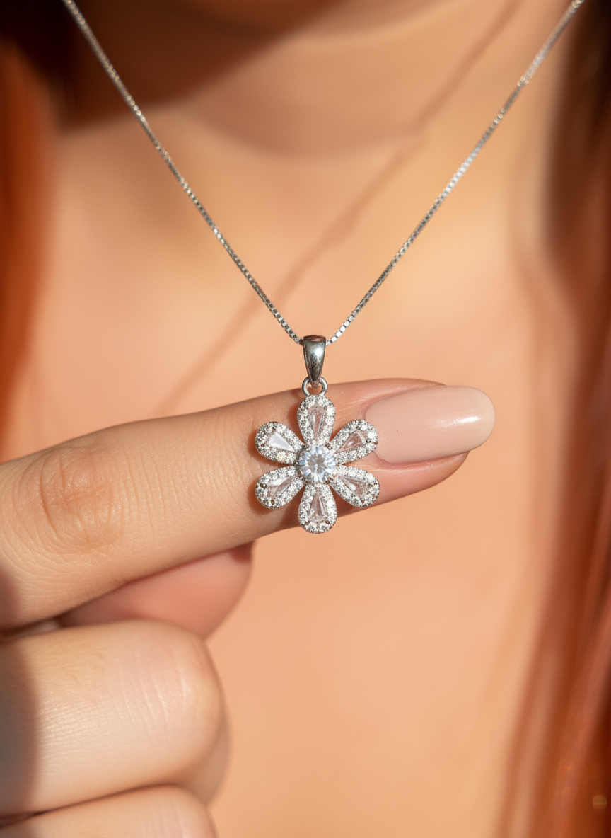 Sterling Silver CZ Daisy Flower Necklace 18"