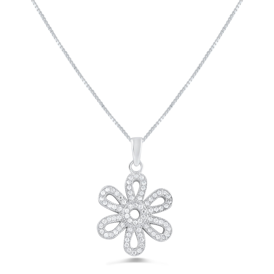 Sterling Silver CZ Daisy Flower Necklace 18"