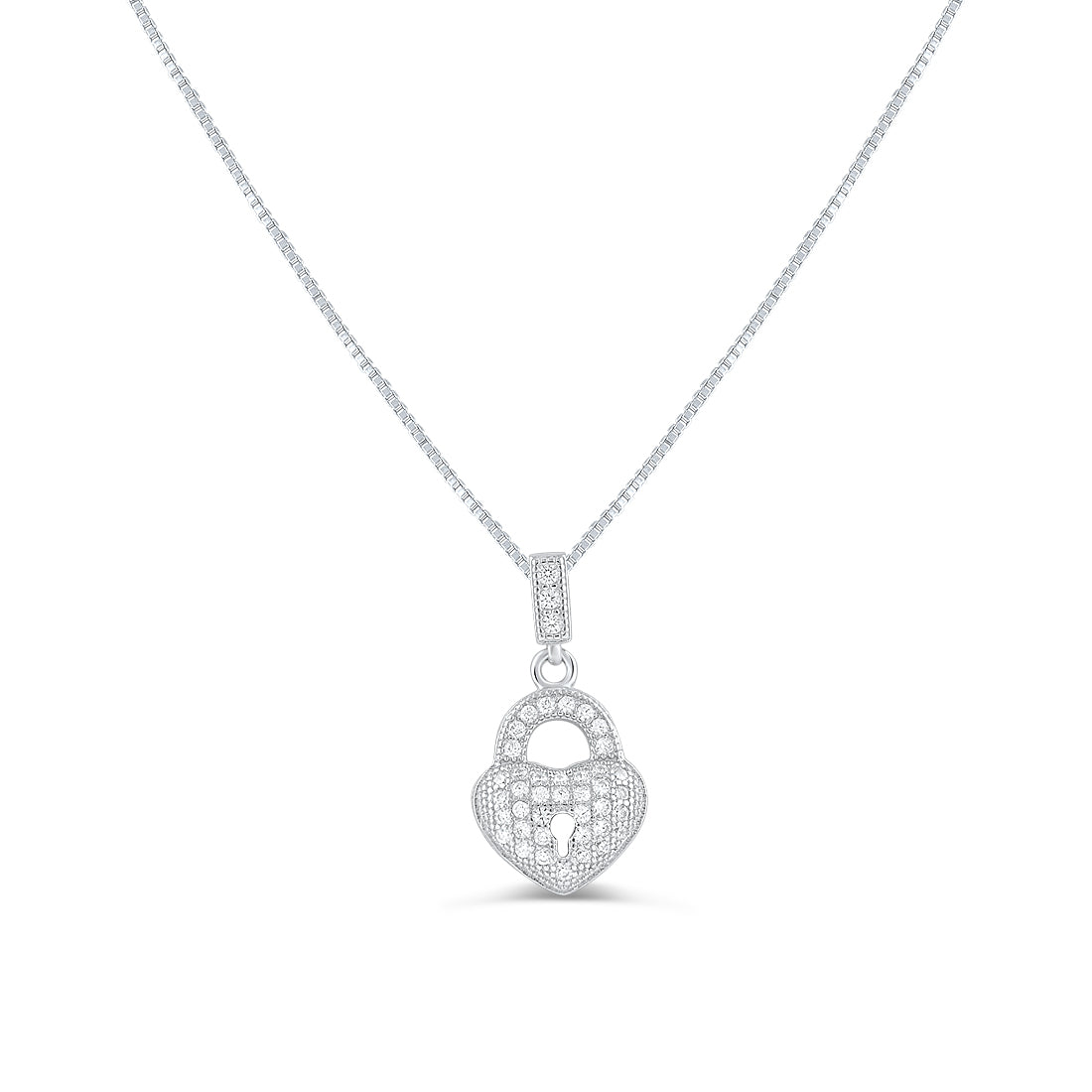 Sterling Silver CZ Heart Lock Necklace, 18" | SilverCloseOut