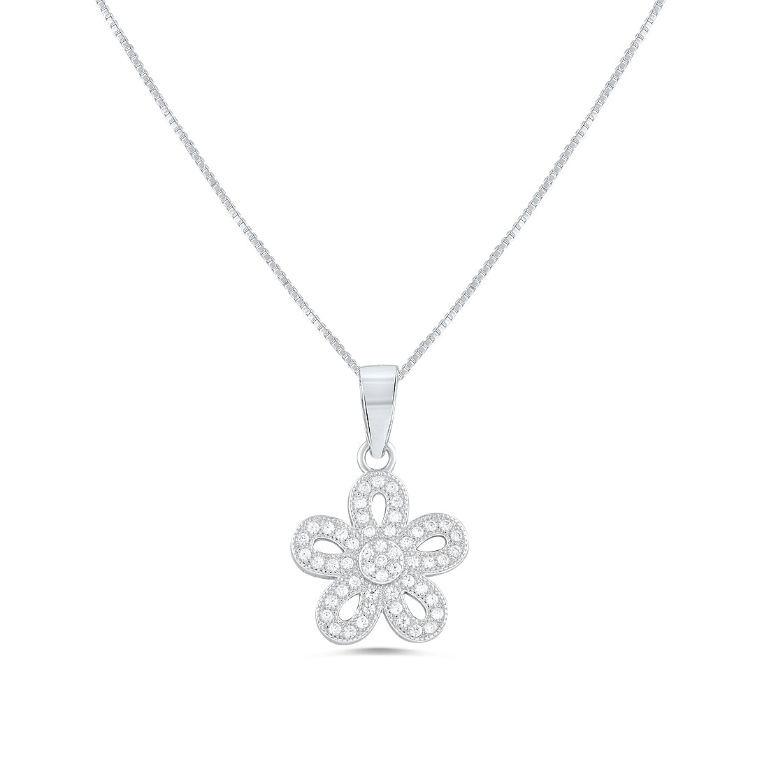 Sterling Silver CZ Daisy Flower Charm Necklace, 18" | SilverCloseOut