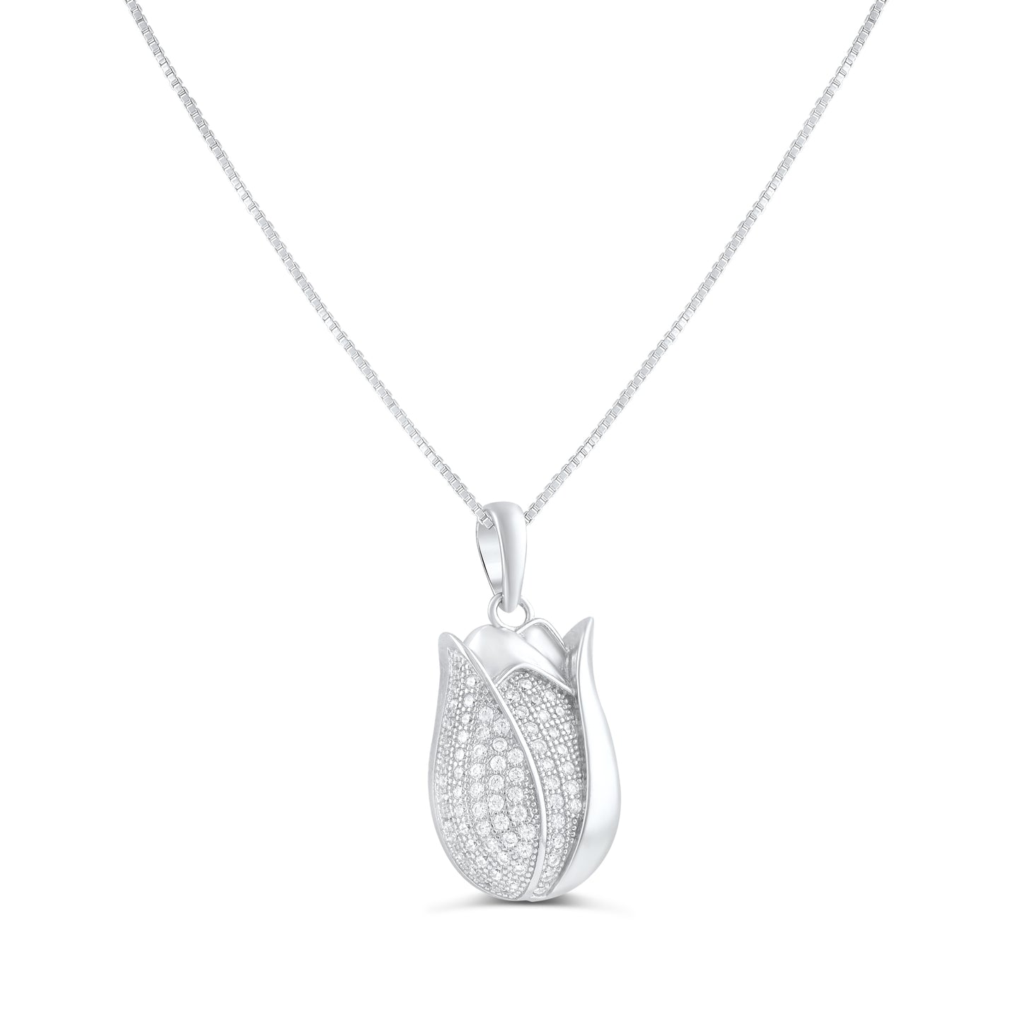 Sterling Silver CZ Tulip Flower Necklace, 18" | SilverCloseOut