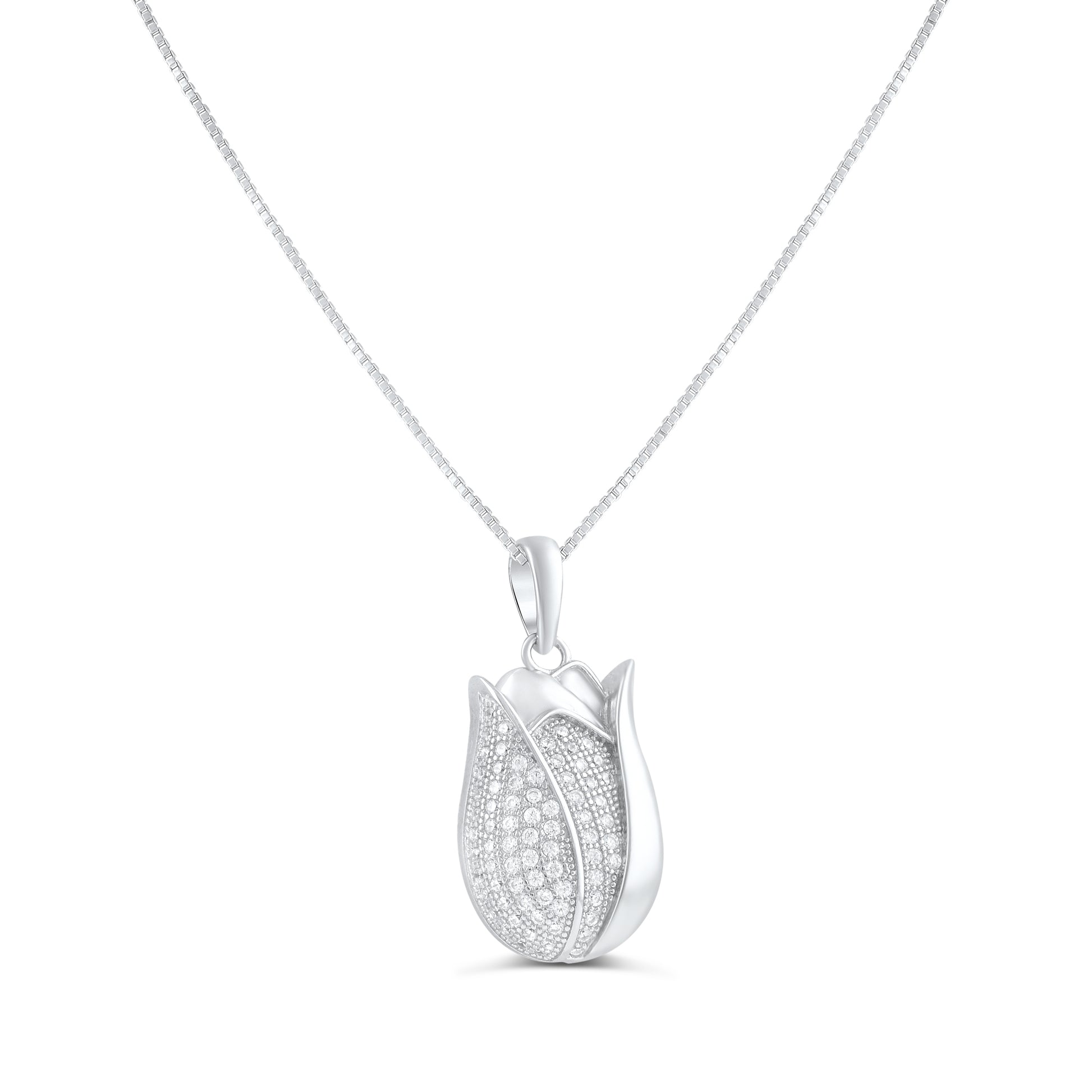 Sterling Silver CZ Tulip Flower Necklace, 18" | SilverCloseOut